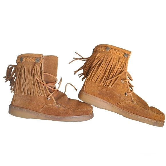 MINNETONKA short fringe leather moccasins booties shearling ankle boots WMS 8 - Picture 2 of 16